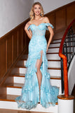 Stylish Mermaid Off the Shoulder Sky Blue Long Formal Dress with Lace Ruffles