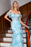 Stylish Mermaid Off the Shoulder Sky Blue Long Formal Dress with Lace Ruffles