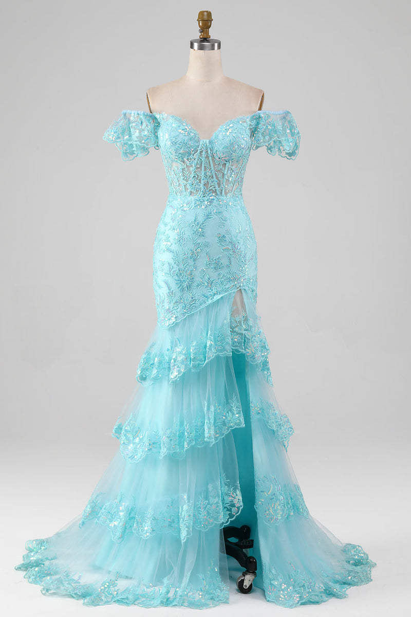 Load image into Gallery viewer, Sky Blue Off the Shoulder Lace and Sequin Mermaid Formal Dress with Slit