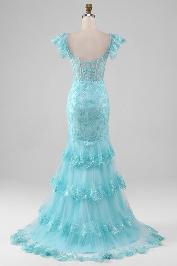 Sky Blue Off the Shoulder Lace and Sequin Mermaid Formal Dress with Slit