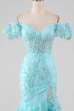 Sky Blue Off the Shoulder Lace and Sequin Mermaid Formal Dress with Slit