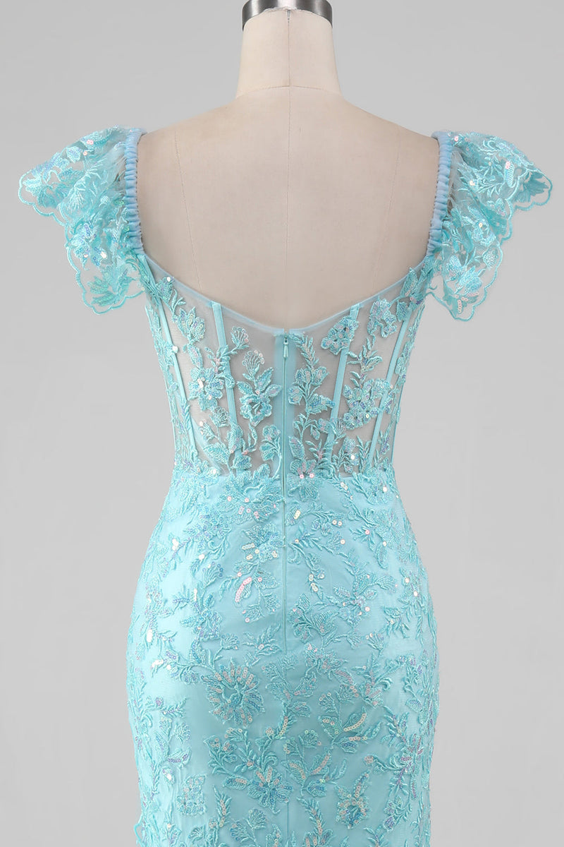 Load image into Gallery viewer, Sky Blue Off the Shoulder Lace and Sequin Mermaid Formal Dress with Slit