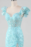 Sky Blue Off the Shoulder Lace and Sequin Mermaid Formal Dress with Slit