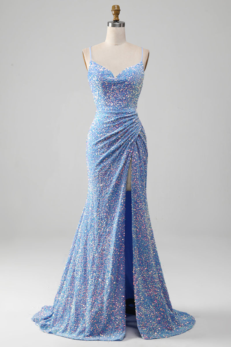 Load image into Gallery viewer, Sparkly Sequins Mermaid Light Blue Formal Dress with Slit
