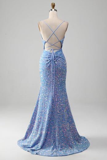 Sparkly Sequins Mermaid Light Blue Formal Dress with Slit