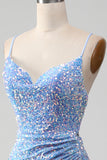 Sparkly Sequins Mermaid Light Blue Formal Dress with Slit