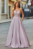 Sparkly A-Line Spaghetti Straps Blush Formal Dress with Beading