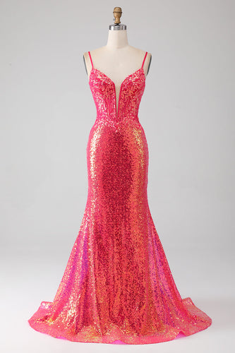 Sparkly Mermaid Fuchsia Formal Dress with Sequins