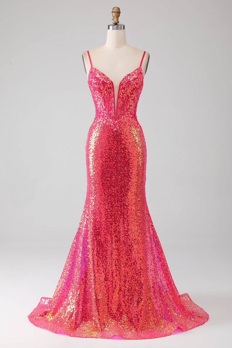 Load image into Gallery viewer, Sparkly Mermaid Fuchsia Formal Dress with Sequins