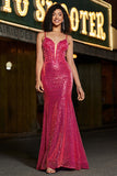 Stunning Mermaid Spaghetti Straps Fuchsia Sequins Corset Formal Dress