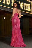 Stunning Mermaid Spaghetti Straps Fuchsia Sequins Corset Formal Dress