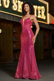 Stunning Mermaid Spaghetti Straps Fuchsia Sequins Corset Formal Dress