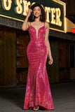 Stunning Mermaid Spaghetti Straps Fuchsia Sequins Corset Formal Dress