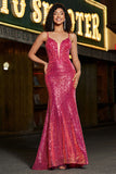 Stunning Mermaid Spaghetti Straps Fuchsia Sequins Corset Formal Dress