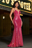 Stunning Mermaid Spaghetti Straps Fuchsia Sequins Corset Formal Dress