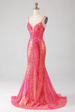 Sparkly Mermaid Fuchsia Formal Dress with Sequins