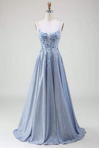 Glitter A-Line Spaghetti Straps Grey Blue Formal Dress