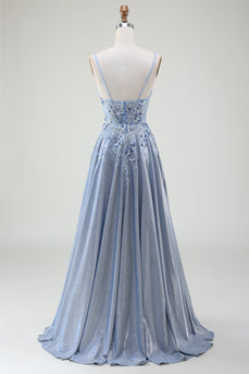 Glitter A-Line Spaghetti Straps Grey Blue Formal Dress