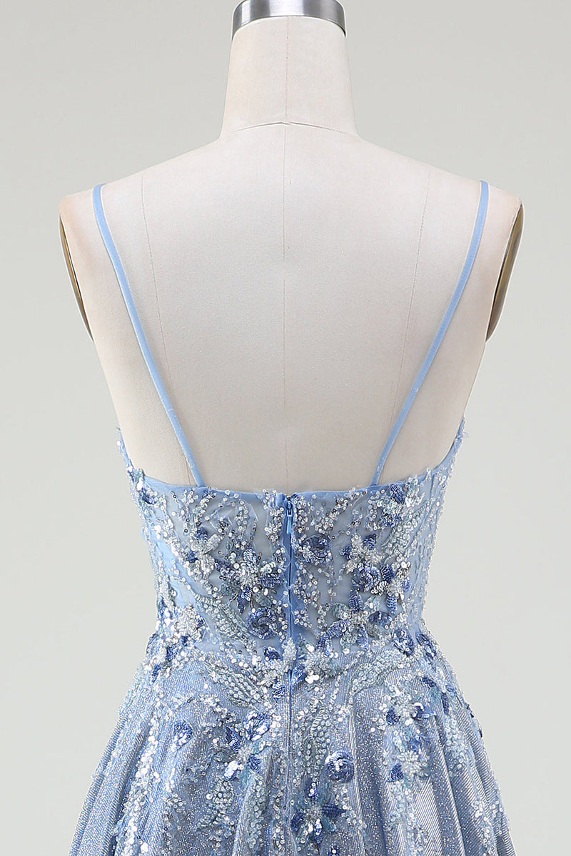 Load image into Gallery viewer, Glitter A-Line Spaghetti Straps Grey Blue Formal Dress
