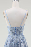 Glitter A-Line Spaghetti Straps Grey Blue Formal Dress