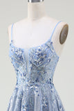 Glitter A-Line Spaghetti Straps Grey Blue Formal Dress