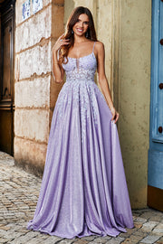 Lilac A-Line Spaghetti Straps Long Glitter Formal Dress With Beading