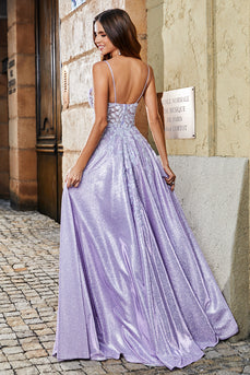 Lilac A-Line Spaghetti Straps Long Glitter Formal Dress With Beading