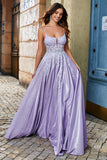 Lilac A-Line Spaghetti Straps Long Glitter Formal Dress With Beading