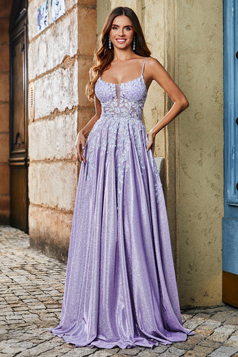 Lilac A-Line Spaghetti Straps Long Glitter Formal Dress With Beading