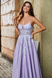 Lilac A-Line Spaghetti Straps Long Glitter Formal Dress With Beading