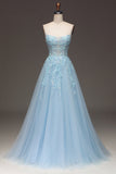 A Line Light Blue Sequin Spaghetti Straps Formal Dress With Appliques