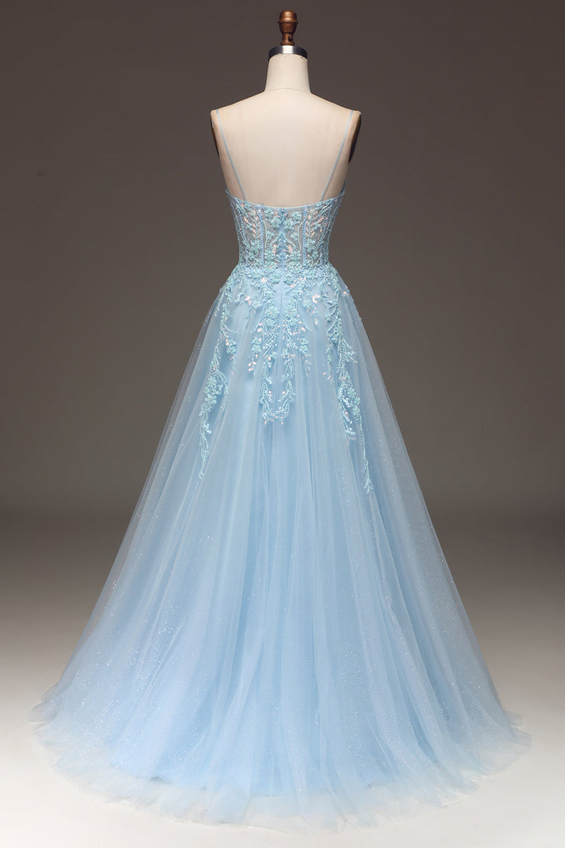 Load image into Gallery viewer, A Line Light Blue Sequin Spaghetti Straps Formal Dress With Appliques