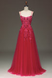 Spaghetti Straps A Line Fuchsia Formal Dress with Appliques