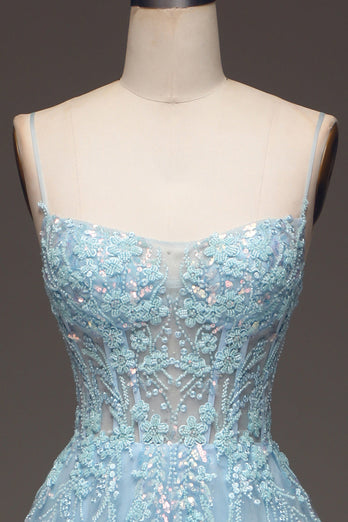 A Line Light Blue Sequin Spaghetti Straps Formal Dress With Appliques
