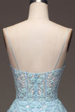 A Line Light Blue Sequin Spaghetti Straps Formal Dress With Appliques