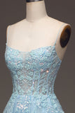 A Line Light Blue Sequin Spaghetti Straps Formal Dress With Appliques