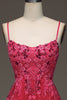 Load image into Gallery viewer, Spaghetti Straps A Line Fuchsia Formal Dress with Appliques