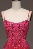 Spaghetti Straps A Line Fuchsia Formal Dress with Appliques