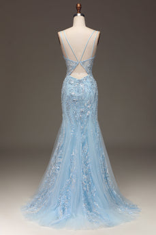 Blue Tulle Mermaid Formal Dress with Beaded