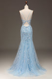 Blue Tulle Mermaid Formal Dress with Beaded