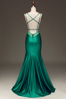 Green Deep V-neck Satin Mermaid Formal Dress with Lace-up Back