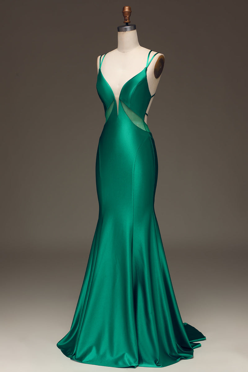 Load image into Gallery viewer, Green Deep V-neck Satin Mermaid Formal Dress with Lace-up Back