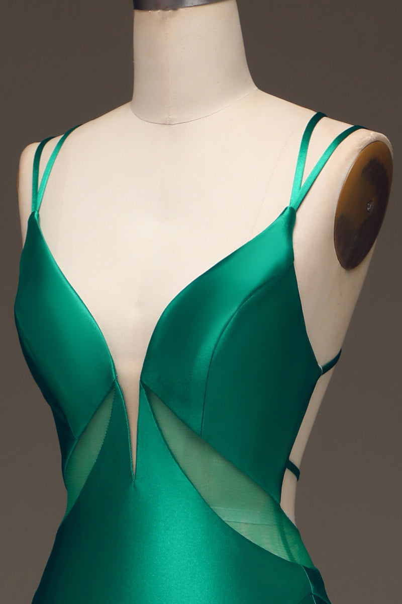 Load image into Gallery viewer, Green Deep V-neck Satin Mermaid Formal Dress with Lace-up Back