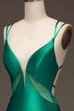 Green Deep V-neck Satin Mermaid Formal Dress with Lace-up Back