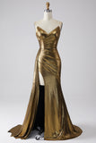 Sparkly Mermaid Golden Metallic Long Formal Dress with Slit