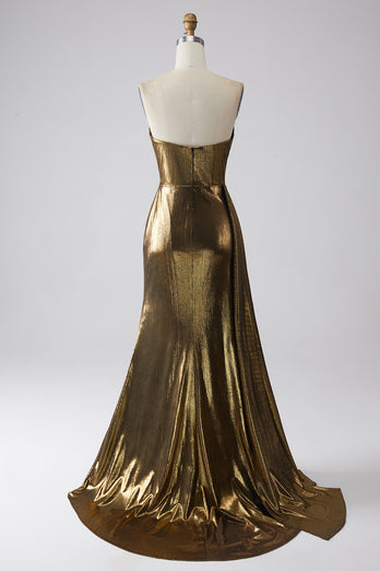Sparkly Mermaid Golden Metallic Long Formal Dress with Slit