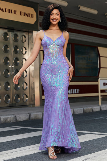 Stylish Mermaid Spaghetti Straps Purple Sequins Corset Formal Dress