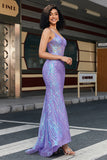 Stylish Mermaid Spaghetti Straps Purple Sequins Corset Formal Dress