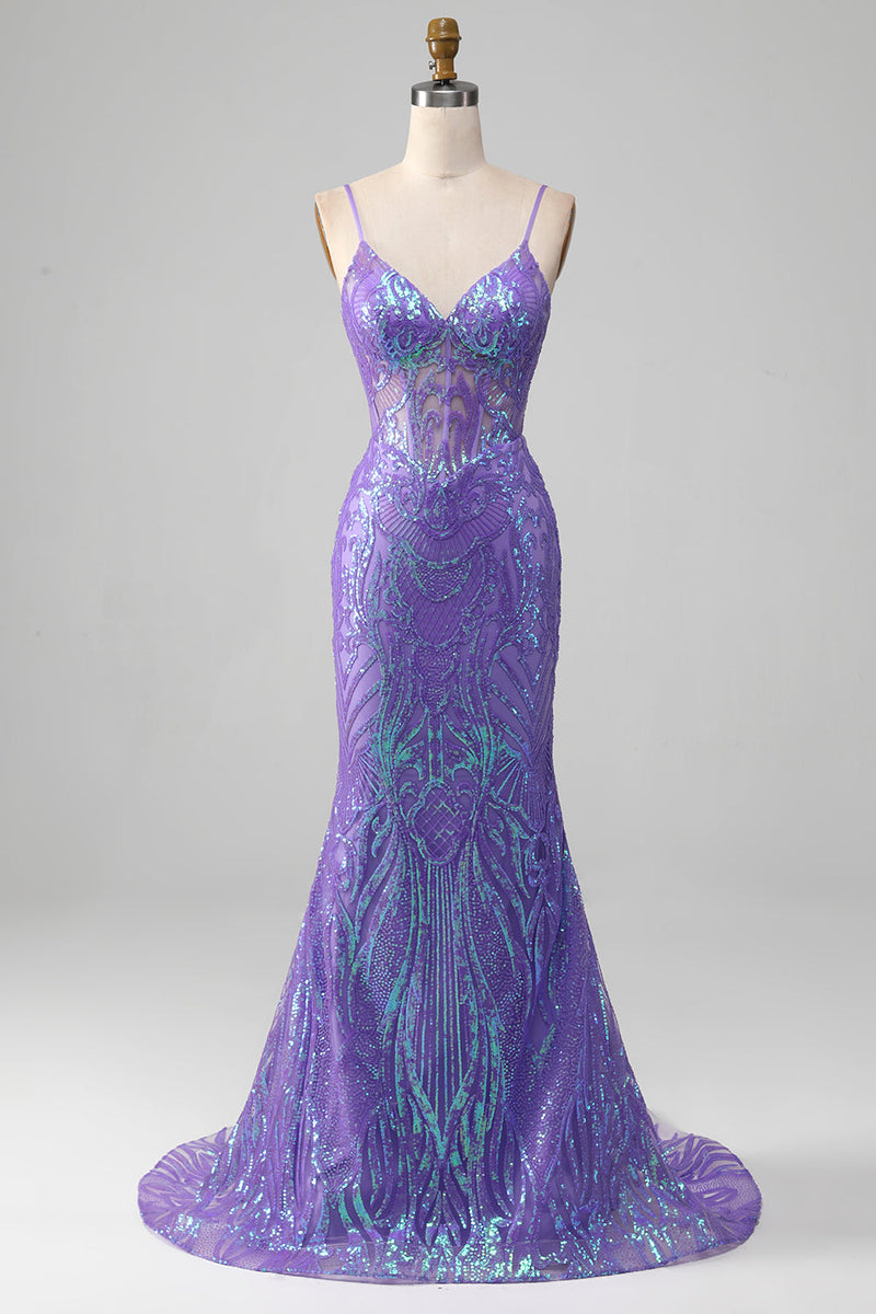 Load image into Gallery viewer, Mermaid Sparkly Purple Corset Formal Dress
