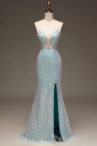 Sparkly Mermaid Grey Blue Formal Dress with Slit